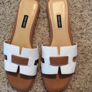 Nine West Leather Slides, Brown and White, Size 10